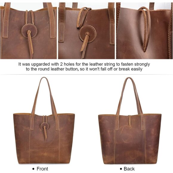 Vintage Genuine Leather Tote Bag for Women - Large Stylish Handbag, Light Brown - Picture 6 of 6